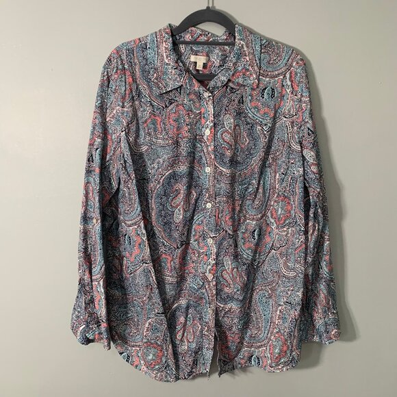 Talbots light pastel paisley collared long sleeve button down career casual top - Picture 1 of 10